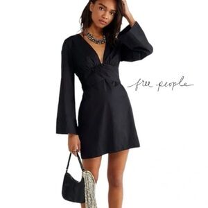Free People Feeling Fabulous Black V Neck Bell Sleeve Mini Dress Size S NWT